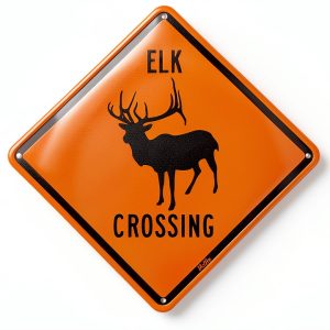 Elk Crossing Aluminum Sign by PetKa 10x10 Black on Orange-0